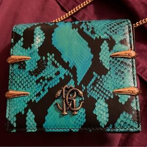 Roberto Cavalli Turquoise Snake-Print Crossbody Bag with Gold Accents